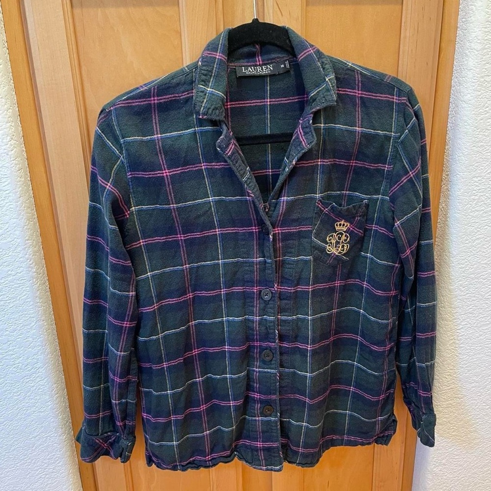 Ralph Lauren Green Plaid Night Shirt with embroidered logo Size XS
